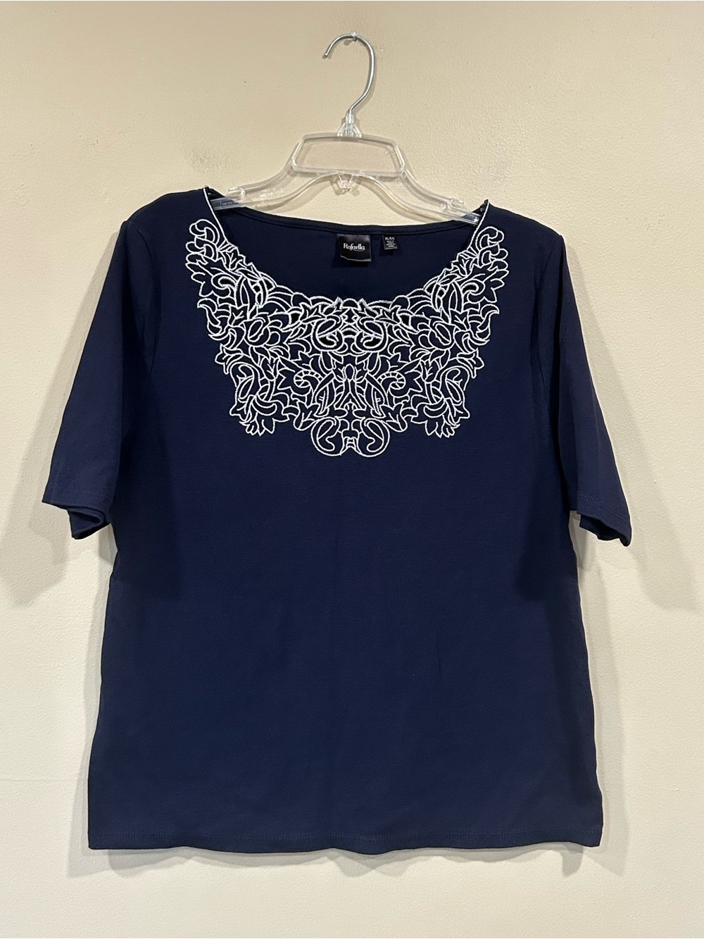 Rafaella Women’s Short Sleeve Navy Blue/White Embroidered Size XL